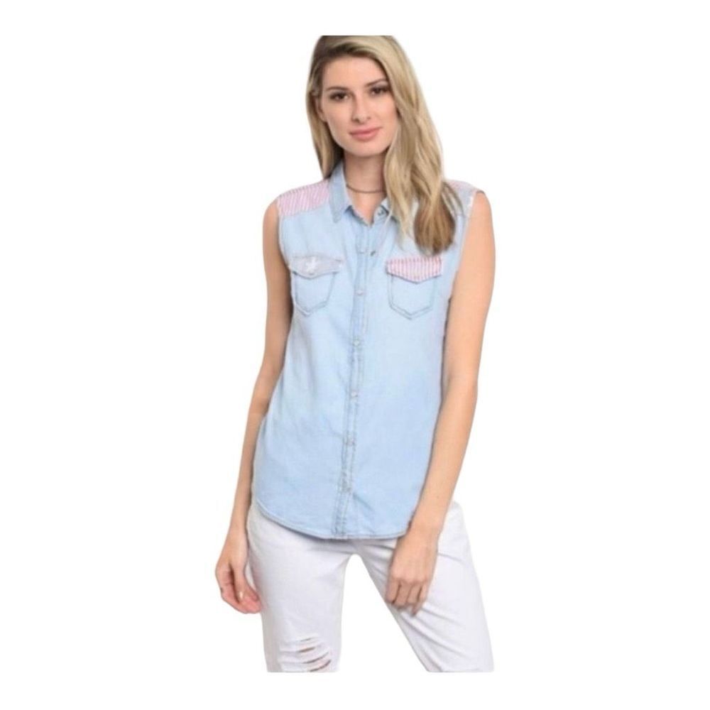 Womens Chiqle Denim Architect Stars & Stripes Sleeveless Top - Sz M